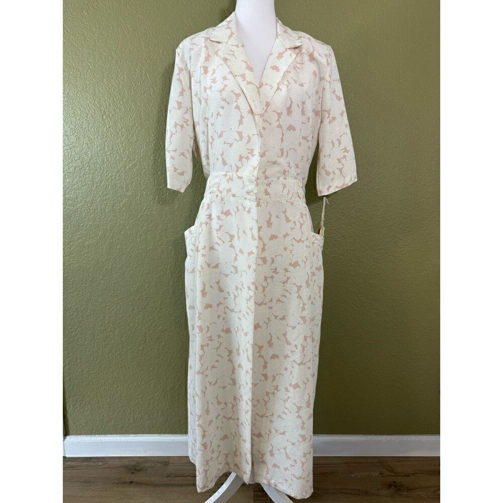 Vintage Justine Womens 9 Housecoat Wrap Dress Neutral Beige Tan Floral Deadstock